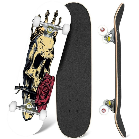 31'' Complete Skateboard 7 Layer Canadian Maple Double Kick Deck Skateboards skull crown roses grunge vintage design t shirts Skate Board for Beginner Adult Gifts