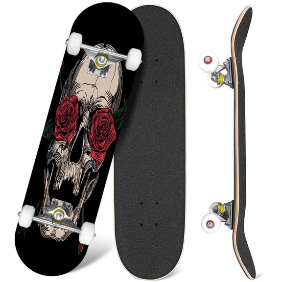 31'' Complete Skateboard 7 Layer Canadian Maple Double Kick Deck Skateboards skull rose detailed engraving style Skate Board for Beginner Adult Gifts