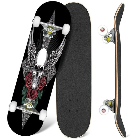 31'' Complete Skateboard 7 Layer Canadian Maple Double Kick Deck Skateboards skull wing gothic ornament Skate Board for Beginner Adult Gifts