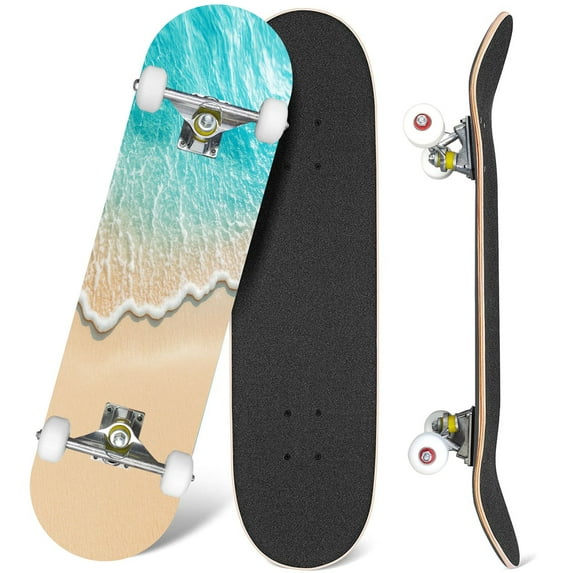 31'' Complete Skateboard 7 Layer Canadian Maple Double Kick Deck Skateboards soft wave sandy beach water surface royalty Skate Board for Beginner Adult Gifts
