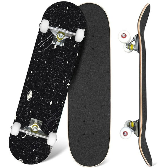 31'' Complete Skateboard 7 Layer Canadian Maple Double Kick Deck Skateboards space planets comets constellations stars Night sky hand Skate Board for Beginner Adult Gifts