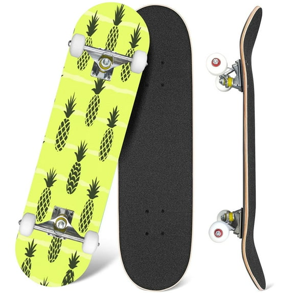 31'' Complete Skateboard 7 Layer Canadian Maple Double Kick Deck Skateboards summer black pineapple striped yellow Fruit Skate Board for Beginner Adult Gifts