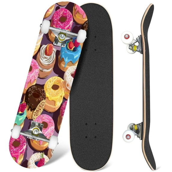 31'' Complete Skateboard 7 Layer Canadian Maple Double Kick Deck Skateboards sweet multi colored donuts donuts Skate Board for Beginner Adult Gifts