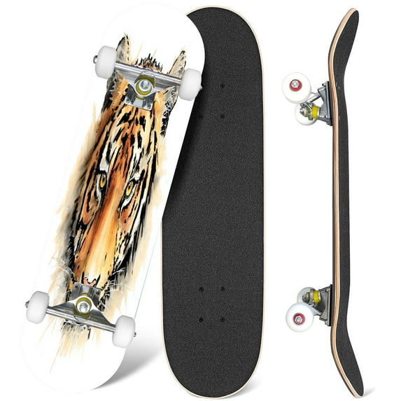 31'' Complete Skateboard 7 Layer Canadian Maple Double Kick Deck Skateboards tiger head print fluffy watercolor Skate Board for Beginner Adult Gifts