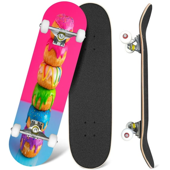 31'' Complete Skateboard 7 Layer Canadian Maple Double Kick Deck Skateboards tower colored glazed donuts donuts Skate Board for Beginner Adult Gifts