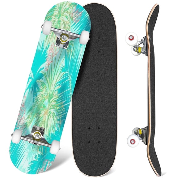 31'' Complete Skateboard 7 Layer Canadian Maple Double Kick Deck Skateboards tropic leaves Skate Board for Beginner Adult Gifts