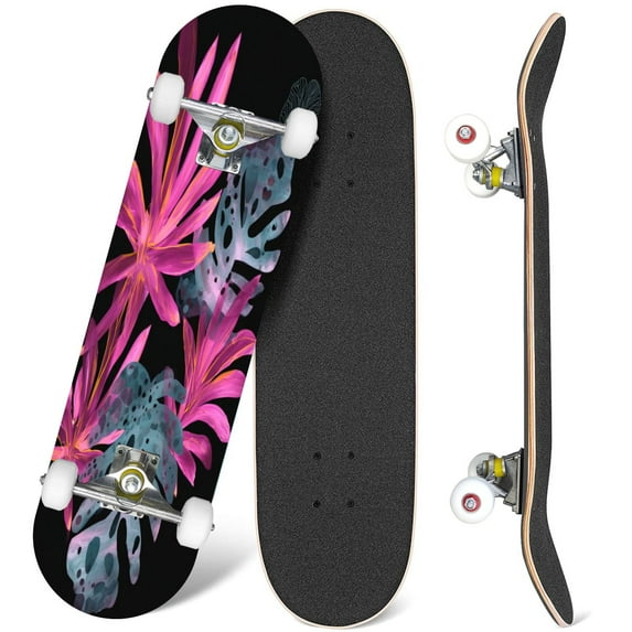 31'' Complete Skateboard 7 Layer Canadian Maple Double Kick Deck Skateboards tropical flowers leaves Skate Board for Beginner Adult Gifts