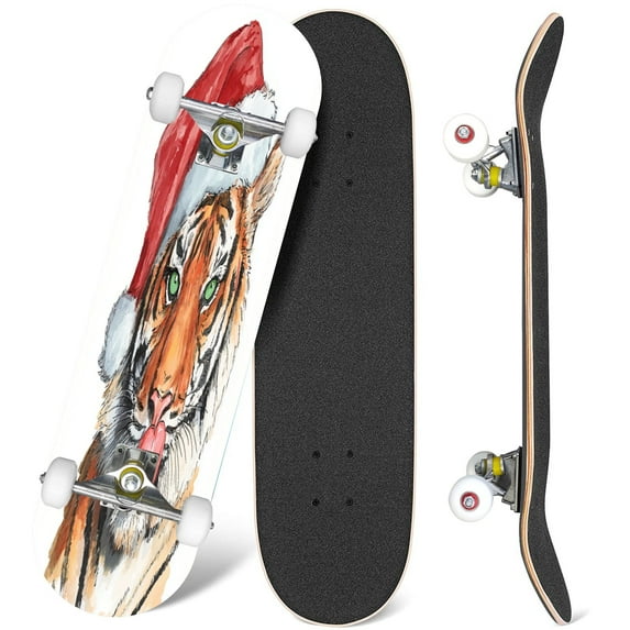 31'' Complete Skateboard 7 Layer Canadian Maple Double Kick Deck Skateboards watercolor tiger hat Skate Board for Beginner Adult Gifts