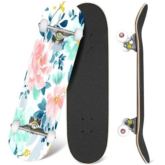 31'' Complete Skateboard 7 Layer Canadian Maple Double Kick Deck Skateboards watercolour floral delicate flowers yellow blue pink flowers greeting Skate Board for Beginner Adult Gifts