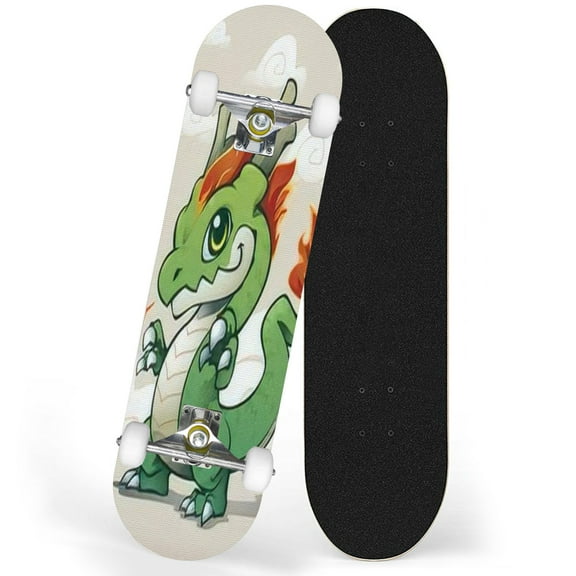 31'' Complete Skateboard for Kids 7 Layer Canadian Maple Double Kick Deck Skateboards little cute smart fire asian dragon character standing pose Boys Skate Board for Girls Beginner Adult