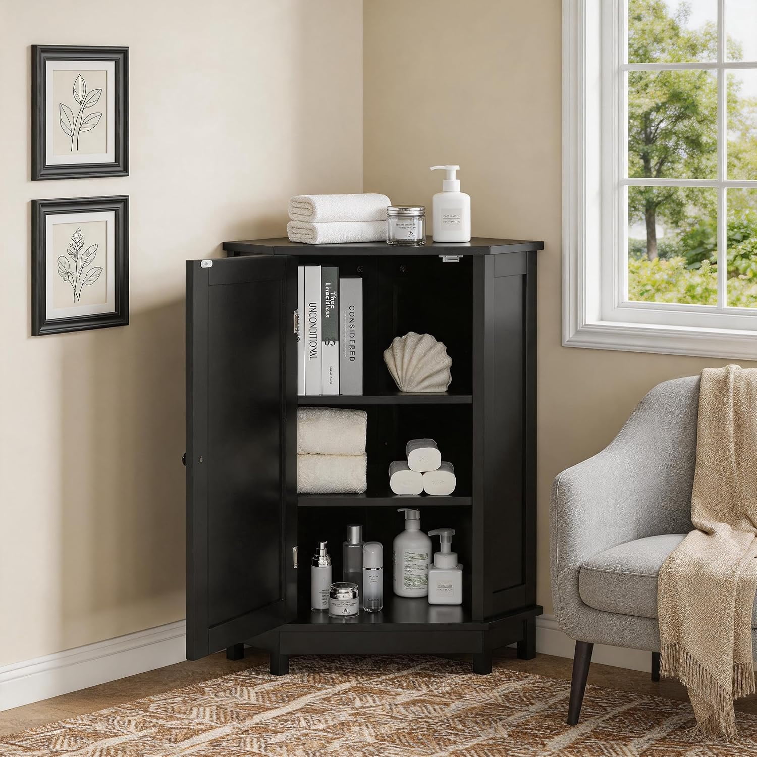 31" Corner Storage Cabinet, Wood Freestanding Triangle Floor Cabinet with Door & Shelves, Black