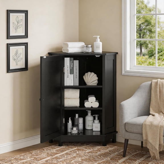 31" Corner Storage Cabinet, Wood Freestanding Triangle Floor Cabinet with Door & Shelves, Black