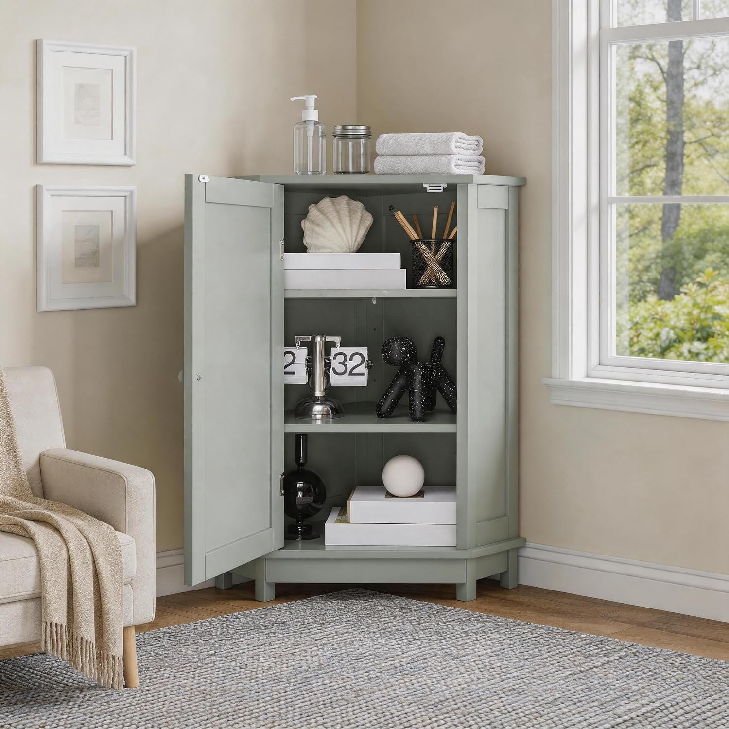31" Corner Storage Cabinet, Wood Freestanding Triangle Floor Cabinet with Door & Shelves, Grey