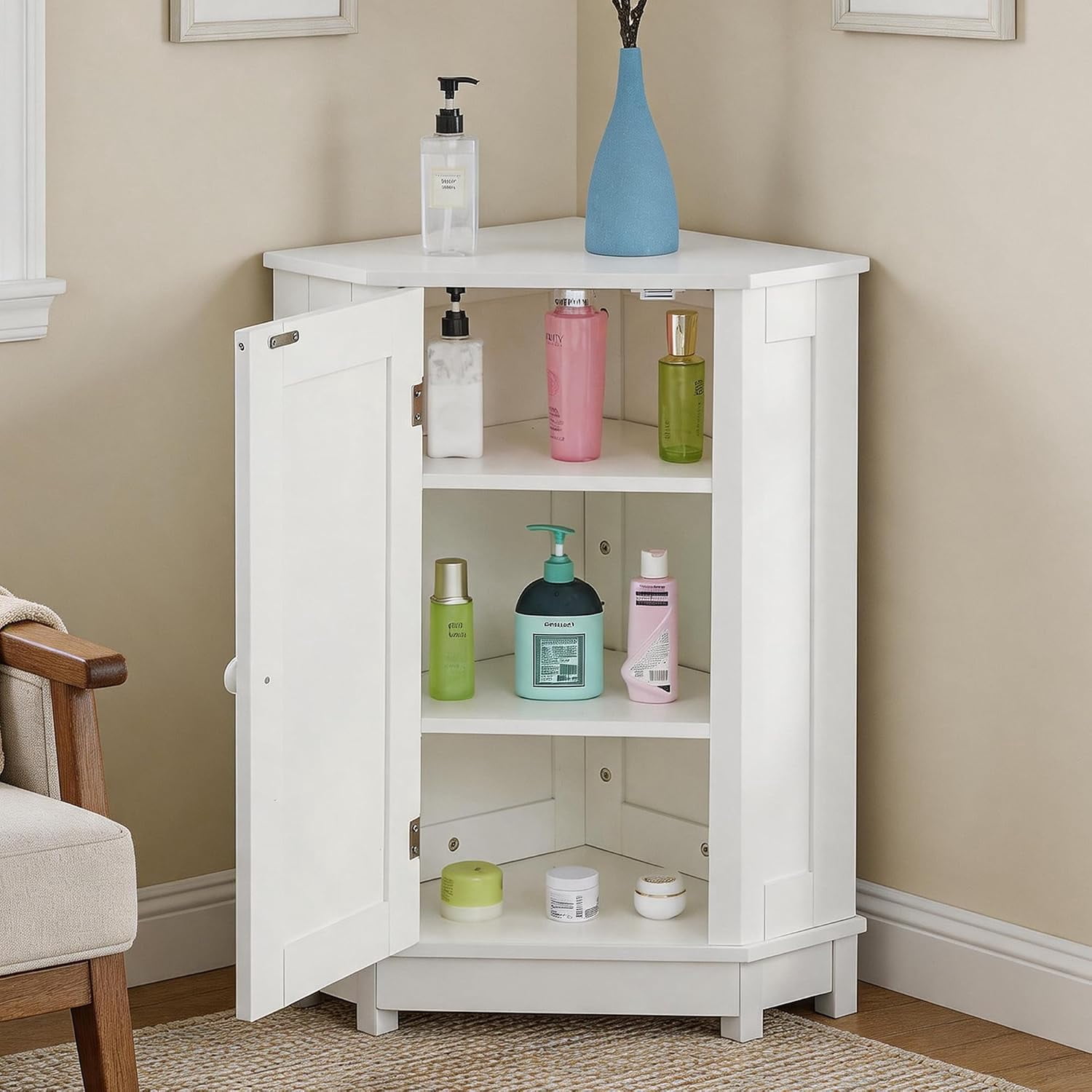 31" Corner Storage Cabinet, Wood Freestanding Triangle Floor Cabinet with Door & Shelves, White