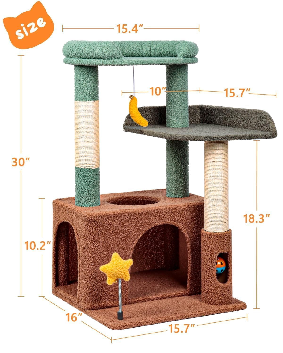 31" Cute Cat Tower For Indoor Kittens With Condo  Plush Platform Hammock Sisal Posts Dangling Ball Tall Tree Self-grooming Brush (olive Green)