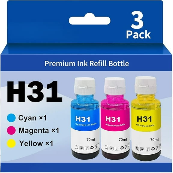 31 Cyan Magenta Yellow Ink Bottle Set Compatible Replacement for HP Smart Tank Printer 6001 7602 5101 5000 7301 5102 757 7601 7601 755 6002 7302Ink Refill, Smart Tank Plus 651 551 Ink Refill
