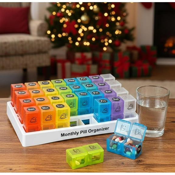 Chirsmas GiftXXL Monthly Pill Organizer 31 Day Pill Storage Box with 32 Compartments for AM PM Medication BPA Free Transparent Plastic Pill Dispenser for Travel and Healthcare