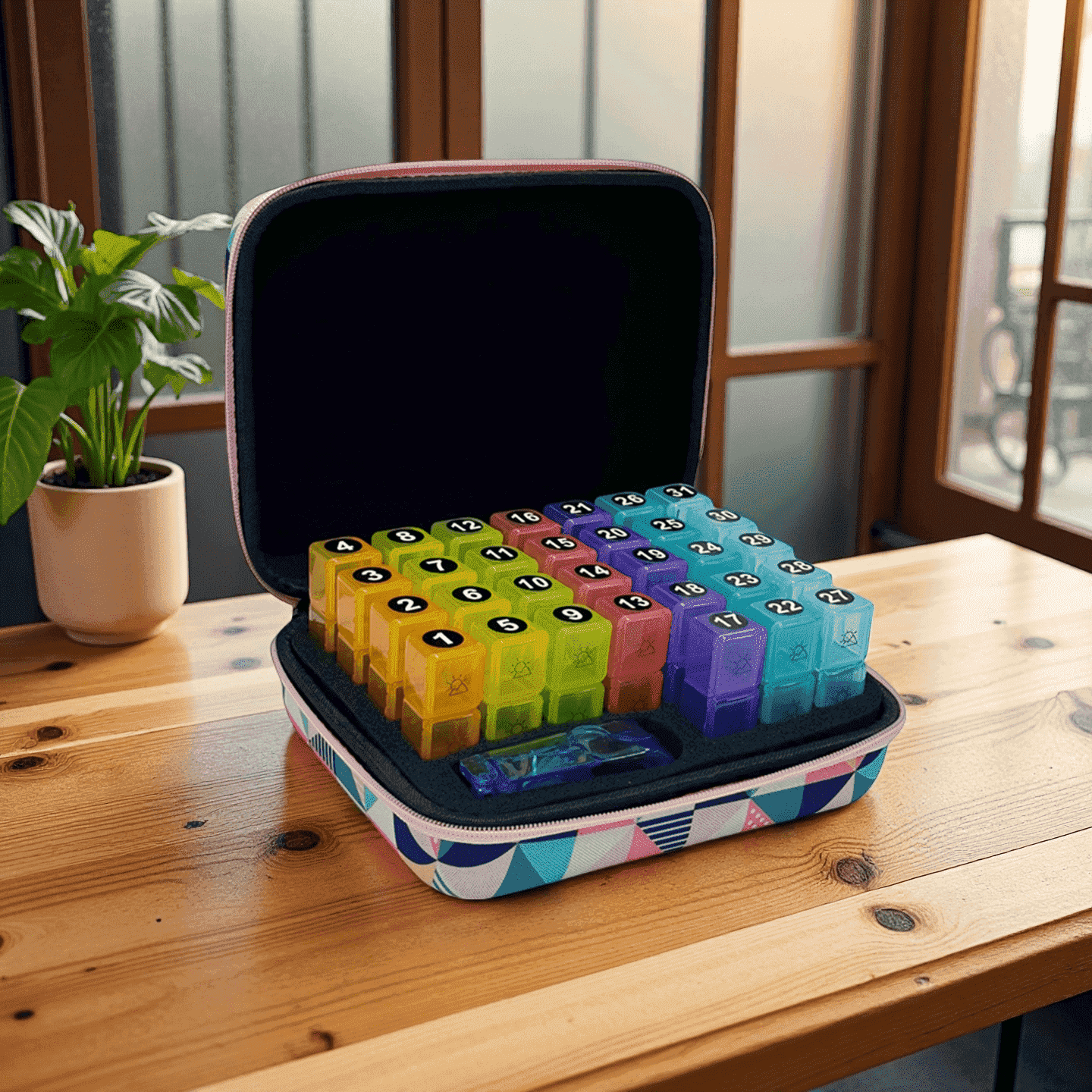DIYING 31-Day Pink Abstract Diamond Pill Organizer – Stylish, Durable & Travel-Ready