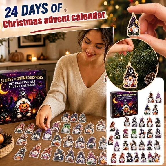 31 Days of Gnome Surprises Halloween Diamond Painting Advent Calendar, DIY Gnome Ornament Craft Kit with Beads, Hanging Chains & Tools, Spooky Countdown Gift Decor