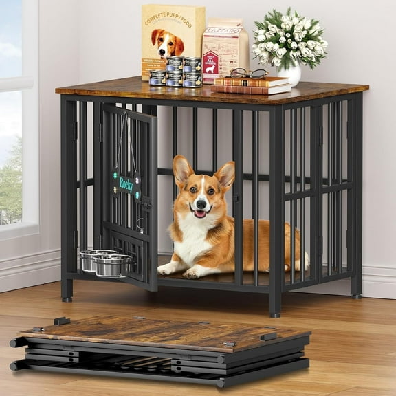 POAO 31" Dog Crate Furniture Foldable for Medium Dogs(20-40 lb), No Assembly Dog Kennel Indoor,Dog Cage with Adjustable Bowls &Name Tag,End Table