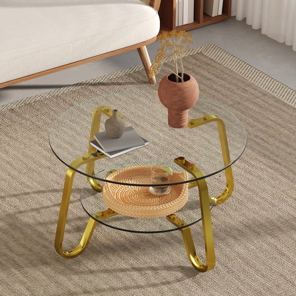 31" Double-layer Round Coffee Table, Tempered Glass Coffee Table with Metal Legs, for Living Room, Gold