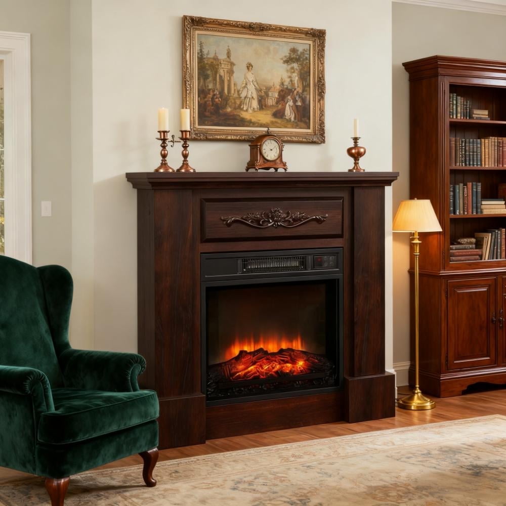31" Electric Fireplace Mantel, Wood Entertainment Center with Electric Fireplace Heater and Remote Control, Elegant Tall TV Stand Suitable for Living Room, Bedroom