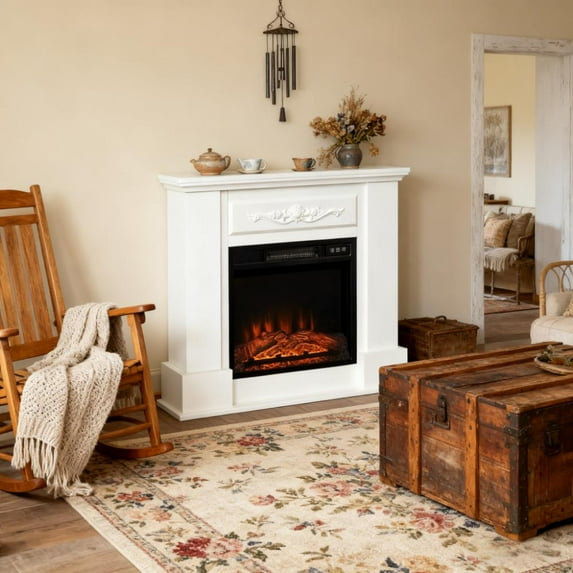 31" Electric Fireplace Mantel, Wood Entertainment Center with Electric Fireplace Heater and Remote Control, Elegant Tall TV Stand Suitable for Living Room, Bedroom