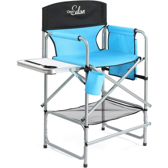 31" Extra Tall Director Chair w/Side Table, Heavy-Duty Steel Frame Portable Folding Bar Stool w/Storage Pockets, for Makeup Artist, Salon, Studio, Camping, 301 lbs Capacity (Navy)