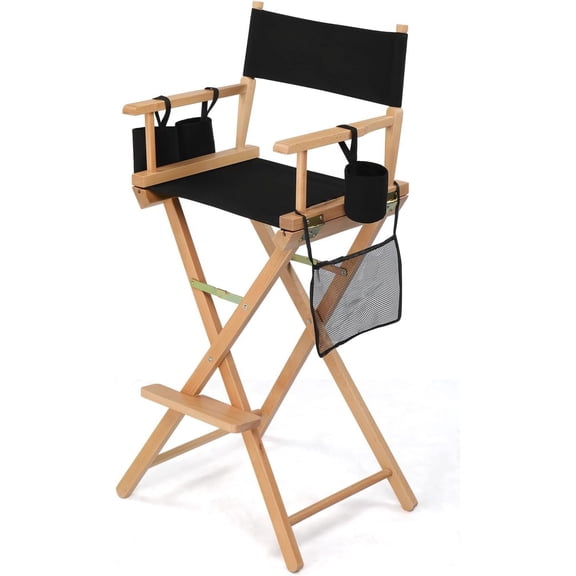 31" Extra Tall Directors Chair - Portable Folding Makeup Chair with Storage Bag & Footrest, Professional for Salon/Outdoor/Craft Shows, 250lbs Capacity (Black/Natural Frame)