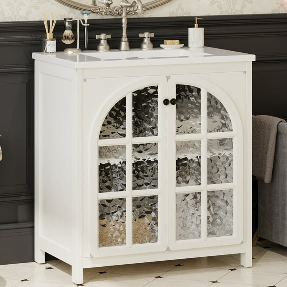 31" Farmhouse Bathroom Vanity with Ceramic Sink, Faux Aged Finish, Vintage Rustic Bathroom Cabinet with Bronze Pulls and 2 Soft-Closing Doors, Antique White