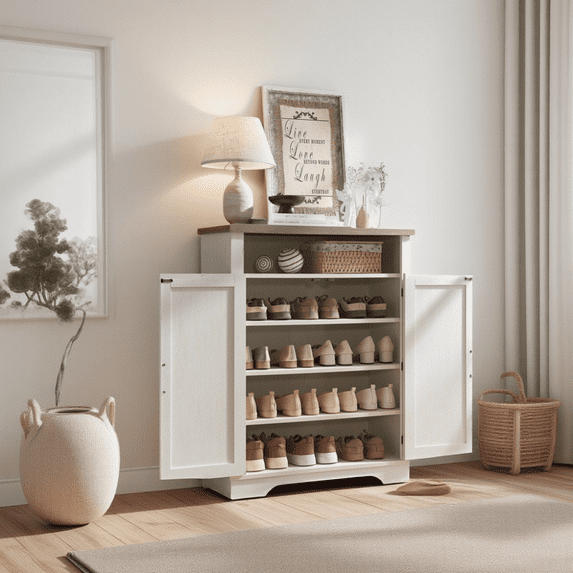 31" Farmhouse Freestanding 6-Tier Shoe Storage Cabinet with Adjustable Shelf & 2-Tier Open Storage, for Entryway, White + Oak