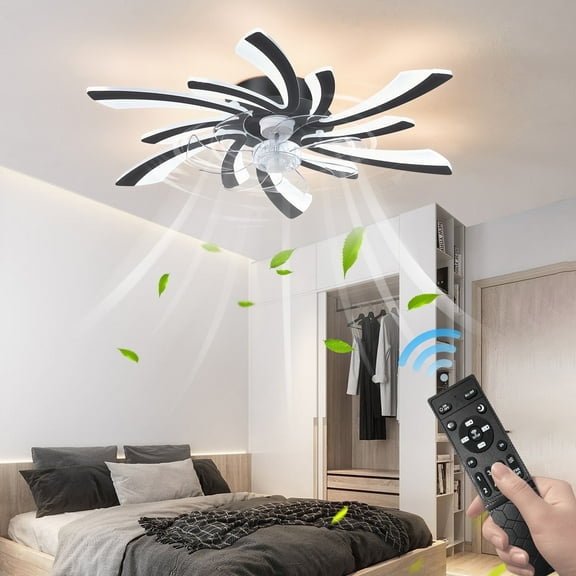 Eowynic 31" Modern Black Flower Chandelier Ceiling Fan APP & Remote Control, Dimmable LED Light, Flush Mount Ceiling Fan, DC Motor, 6-Speed
