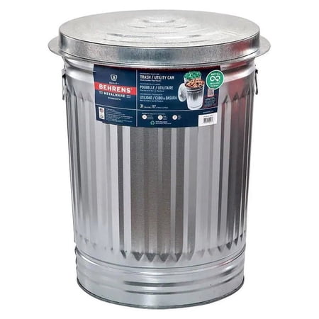 31 Gal Galvanized Steel Round Garbage Can with Lid, Animal Resistant, Sustainable, Portable, Silver
