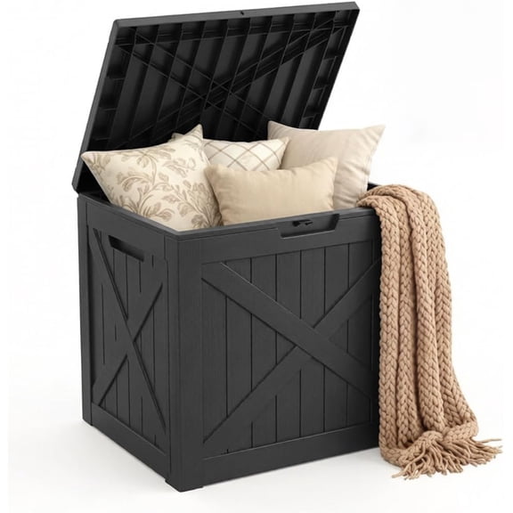 31 Gallon Barn Style Deck Box, Outdoor Storage, Waterproof, Lockable, UV Resistant Resin Storage Bin for Patio, Pool, Garden, Black