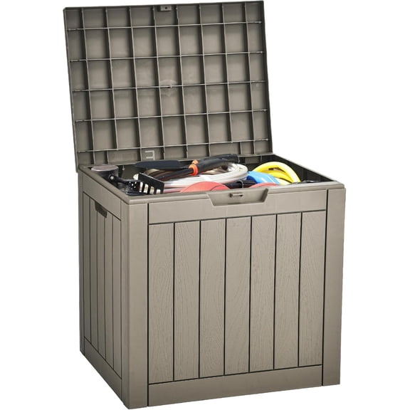 31 Gallon Outdoor Storage Deck Box, Waterproof Resin Package Delivery and Storage Box with Lockable Lid for Patio Furniture Cushions, Pool Accessories, Garden Tools, Taupe