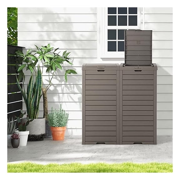 31 Gallon Outdoor Trash Can, Waterproof Garbage Can with Lid & Slidable Tray, 16 x 16 x 34 Large Resin Waste Bin for 33-40 Gal Trash Bag, Outside Trash Can for Patio Backyard Deck, Grey