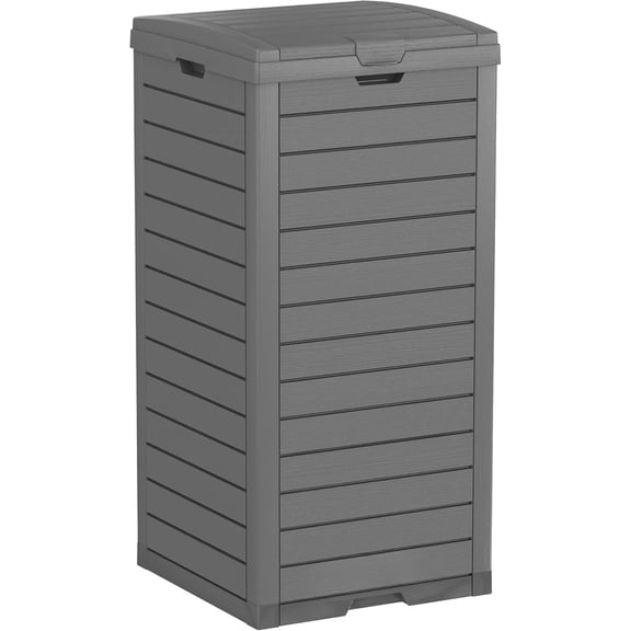 31 Gallon Outdoor Trash Can | Waterproof Resin Garbage Can with Recycle and Garbage Labels | Secure Bag Lip Lock and Drip Tray | Outside Trash Bin for Patio | Kitchen, Backyard or Deck | Gray