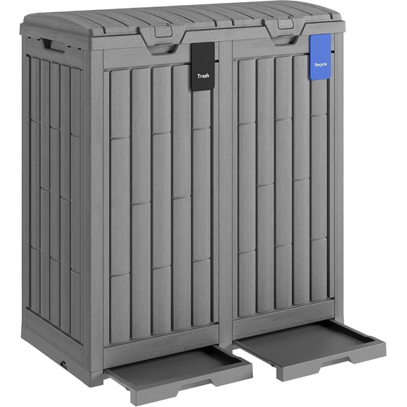 31 Gallon Outdoor Trash Can | Waterproof Resin Garbage Can with Recycle and Garbage Labels | Secure Bag Lip Lock and Drip Tray | Outside Trash Bin for Patio | Kitchen, Backyard or Deck | Gray