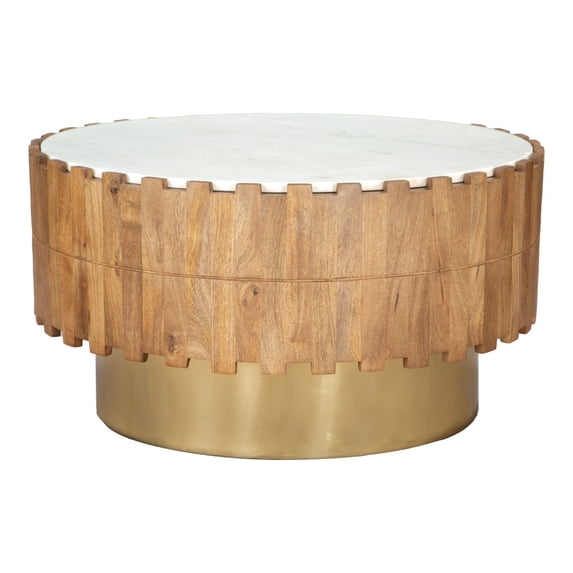 HomeRoots 565069 31 in. Gold Natural & White Iron Wood & Faux Marble Round Block Coffee Table
