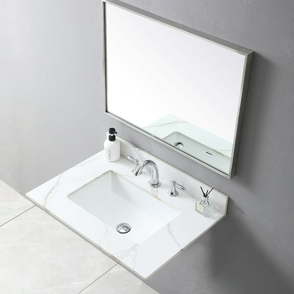 31" Gold Stone Bathroom Vanity Top, With Ceramic Sink, Backsplash, Fits 30-in Cabinet, Exceptional 31inch Top Gold, Sintered Stone, Rectangular Quality