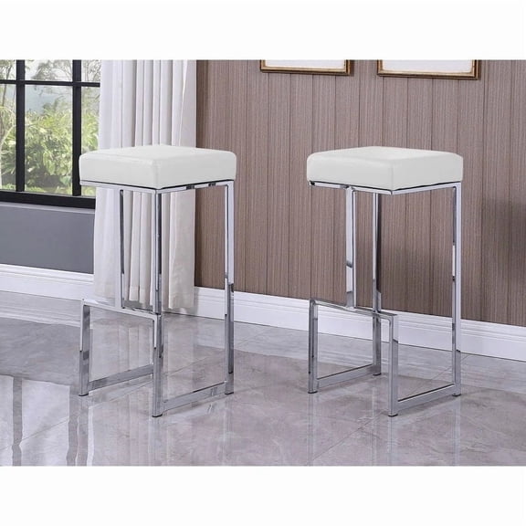 31" H Faux Leather Bar Stool Set of 2 with Chrome Base, Backless Counter Stool for Kitchen Dining Room, White