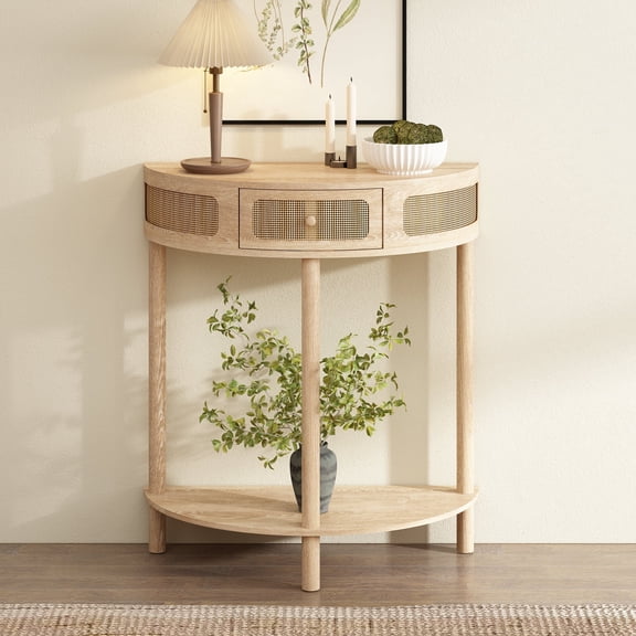 31'' Half Moon Console Table, Modern Entryway Table with Drawer, Sofa Table with Storage Shelf for Hallway Living Room