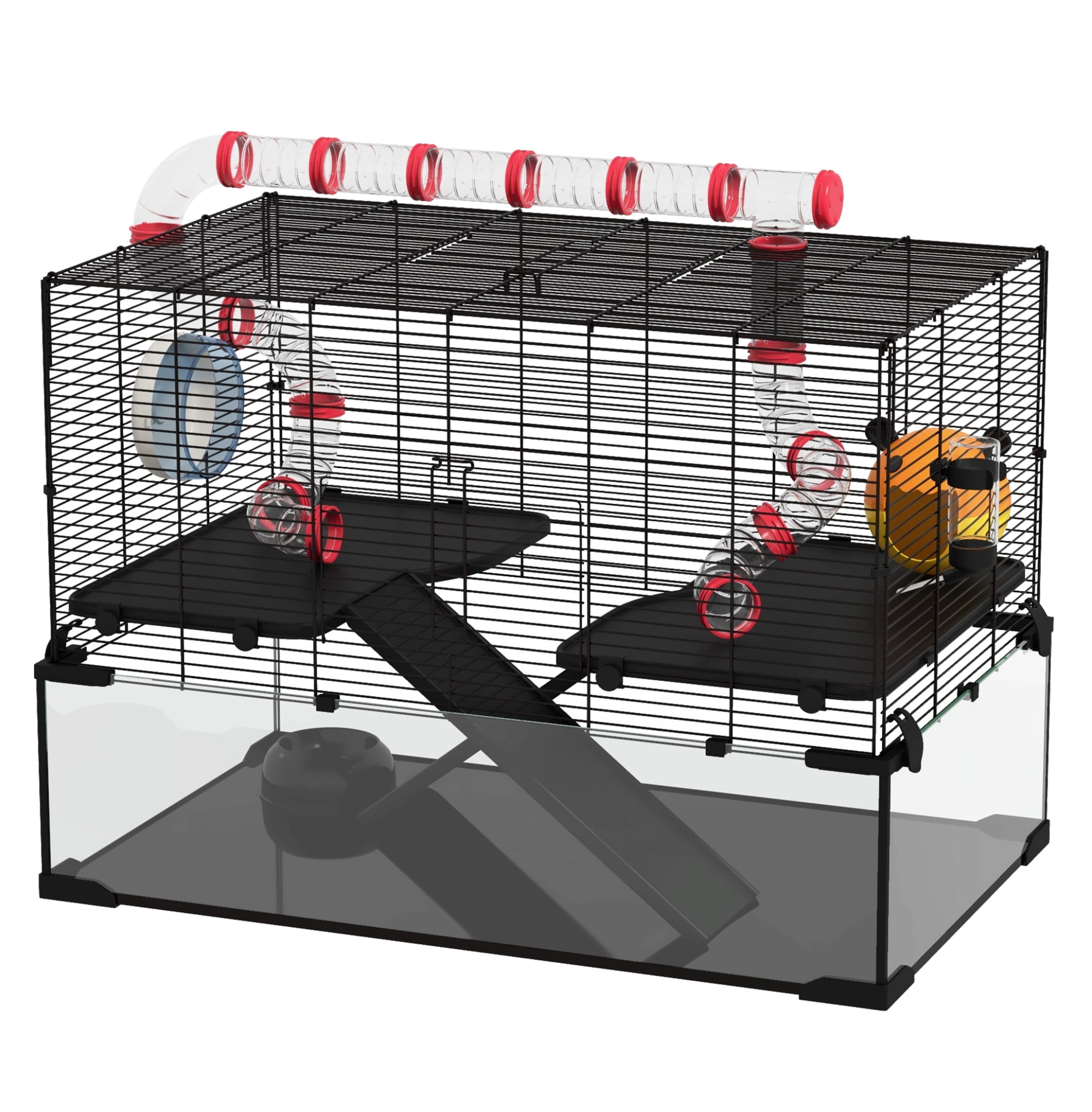 31" Hamster Cage with Tube & Tunnel - Deep Glass Base - Dwarf Hamster Habitat - Includes Wheel, Hut & Accessories