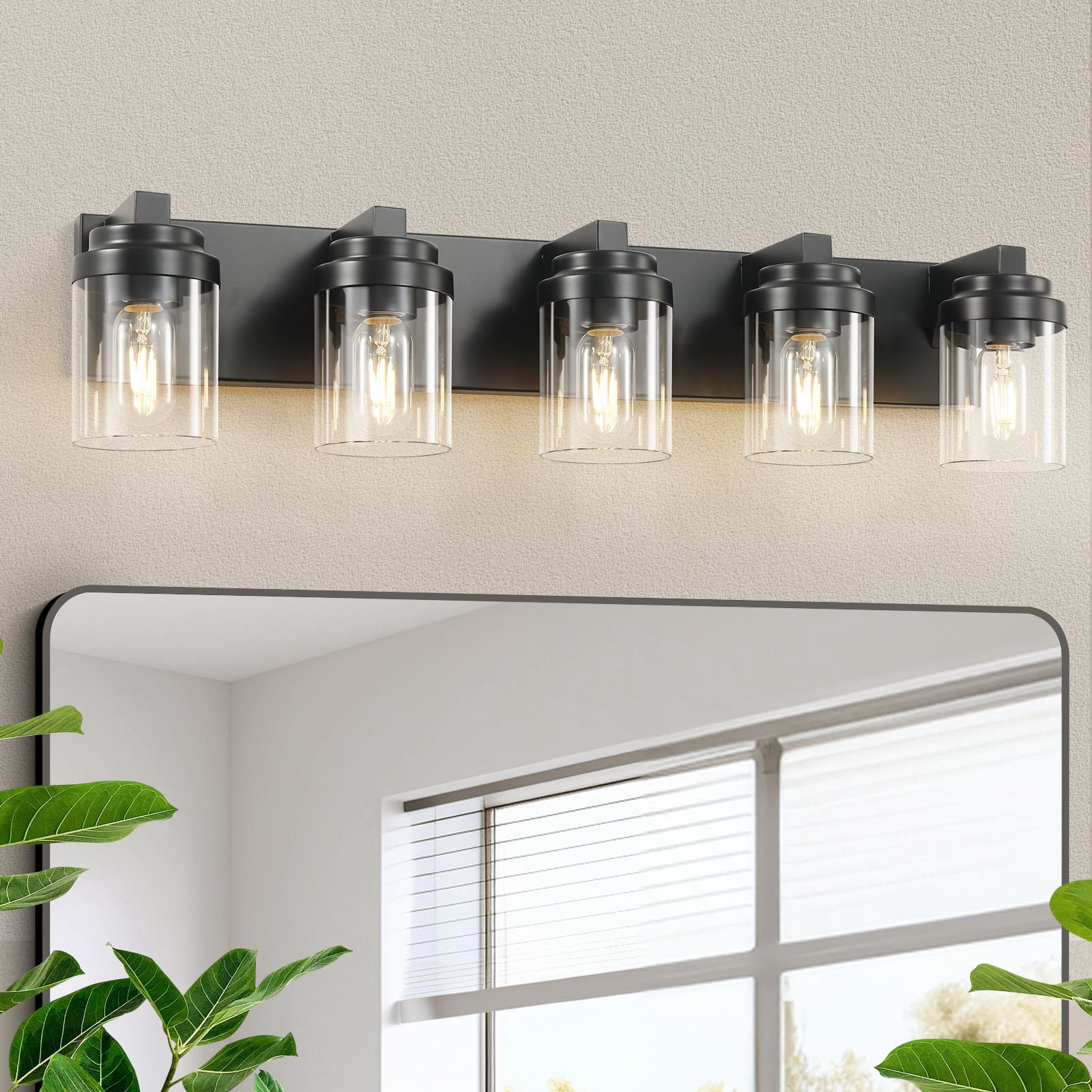 31 Inch 5-Light Bathroom Vanity Light, Black Wall Sconce with Clear Glass Shades for Mirror, Modern Farmhouse Vanity Lighting Fixture for Bathroom Cabinet Hallway, Hardwired (Bulbs Not Included)