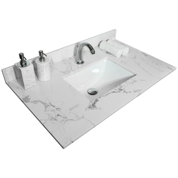 31 Inch Bathroom Stone Vanity Top With Undermount Ceramic Sink - Classy Tone Luxury 31in Counter Engineered