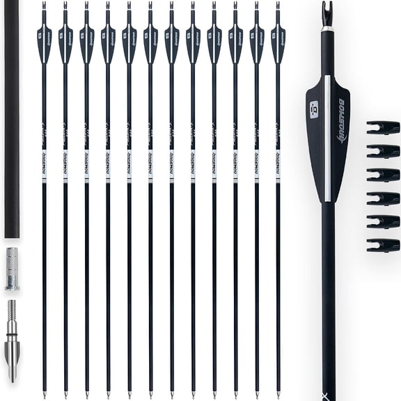 31 Inch Carbon Target Hunting Arrows for Compound Recurve Bows | 12-Pack 500 spine arrows with removable tips durable shafts and pin nocks