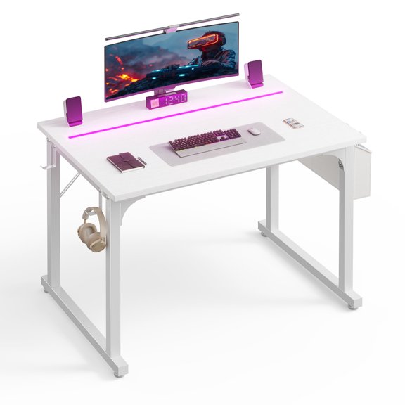 31 Inch Computer Desk with Waterproof LED Lights, Side Storage Bag and Hooks, Anti-Tip, Study Desk for Small Spaces, White