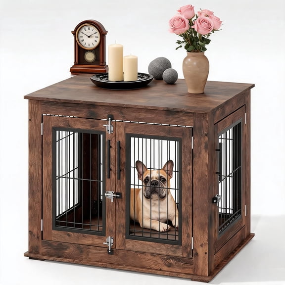 31 Inch Double-Door Dog Crate Furniture, with Locking Wheels