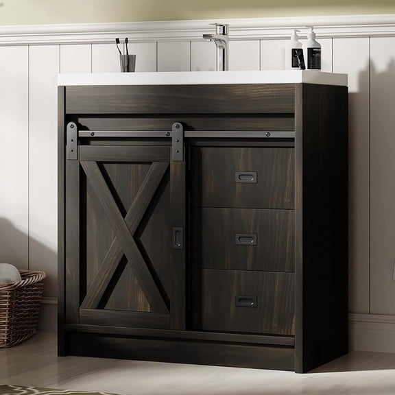 31 Inch Farmhouse Bathroom Vanity with Sink, Oak Finish Cabinet with 2 Drawers & Sliding Barn Door, Freestanding