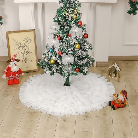 31 Inch Fluffy Tulle Christmas Tree Skirt Elegant Design Perfect for Christmas Tree Decorations White